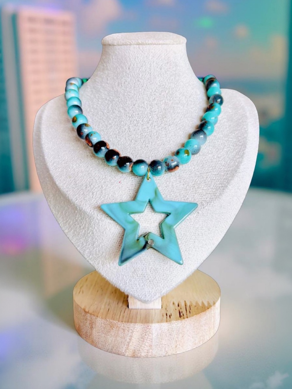 One of a kind Turquoise color Star Bead Necklace - Women's Fashion Jewelry